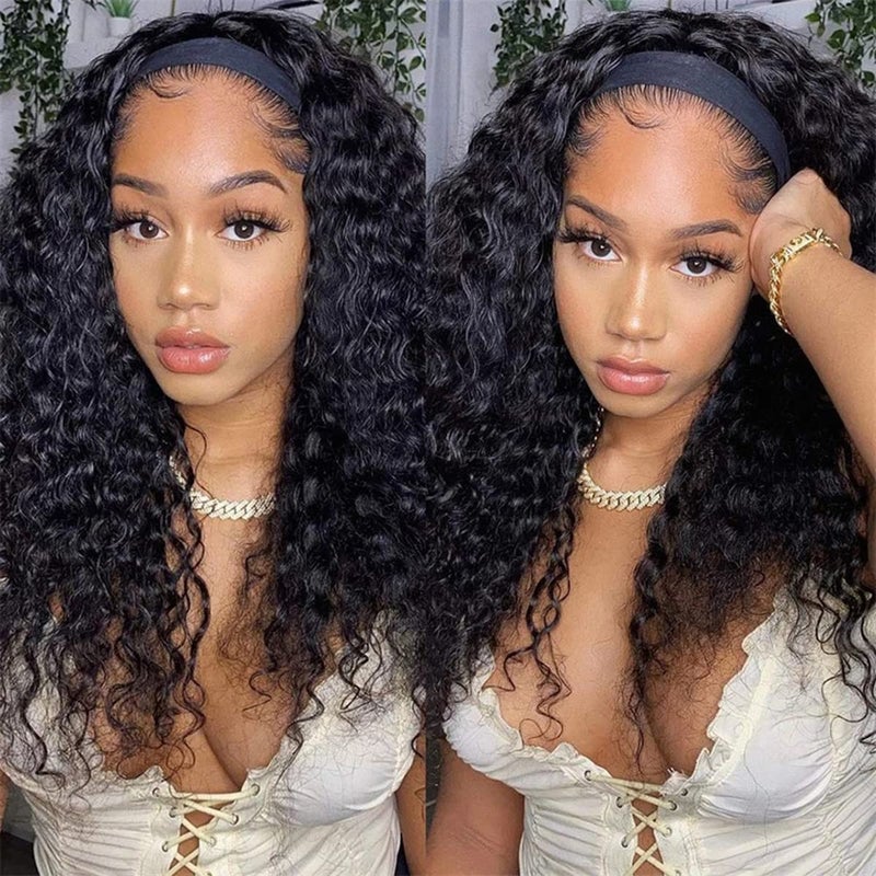 ISEE Hair Headband Human Hair Wigs 180 Density Water Wave Curly None Lace Front Wigs for Black Women Glueless Deep Wave Machine Made 18Inch